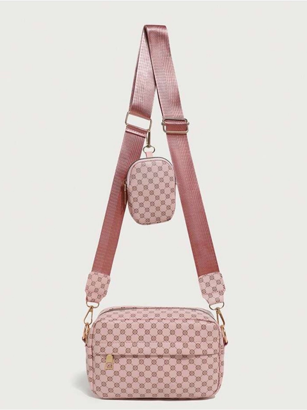 Unbranded NWOT Adjustable Crossbody Bag with Mini Zip Bag Faux Leather Pink